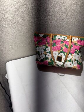 Floral Canvas Tote with Pink, White & Green Garden Print and Tan Trim